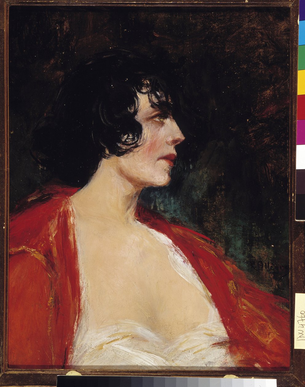Portrét ženy v červené halence Malba od Raymonda Allegre (1857-1933) 20. století Povinná zmínka: Collection fondation needs de Provence, Marseille od Raymond Allegre