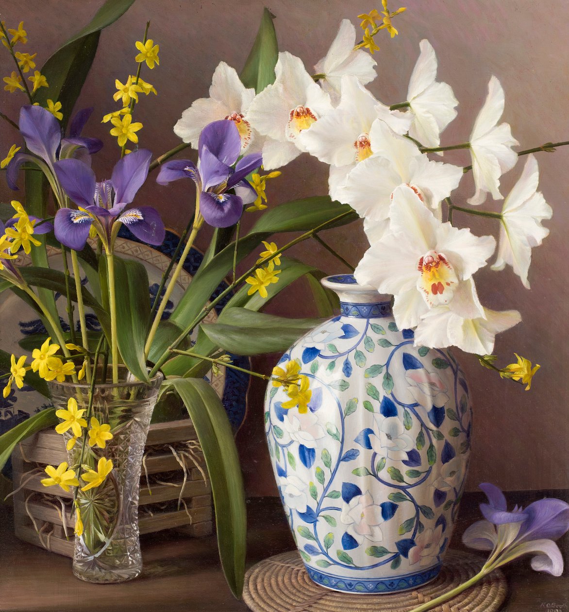 Orchidej s japonskou vázou (olej na desce) od Raymond Booth