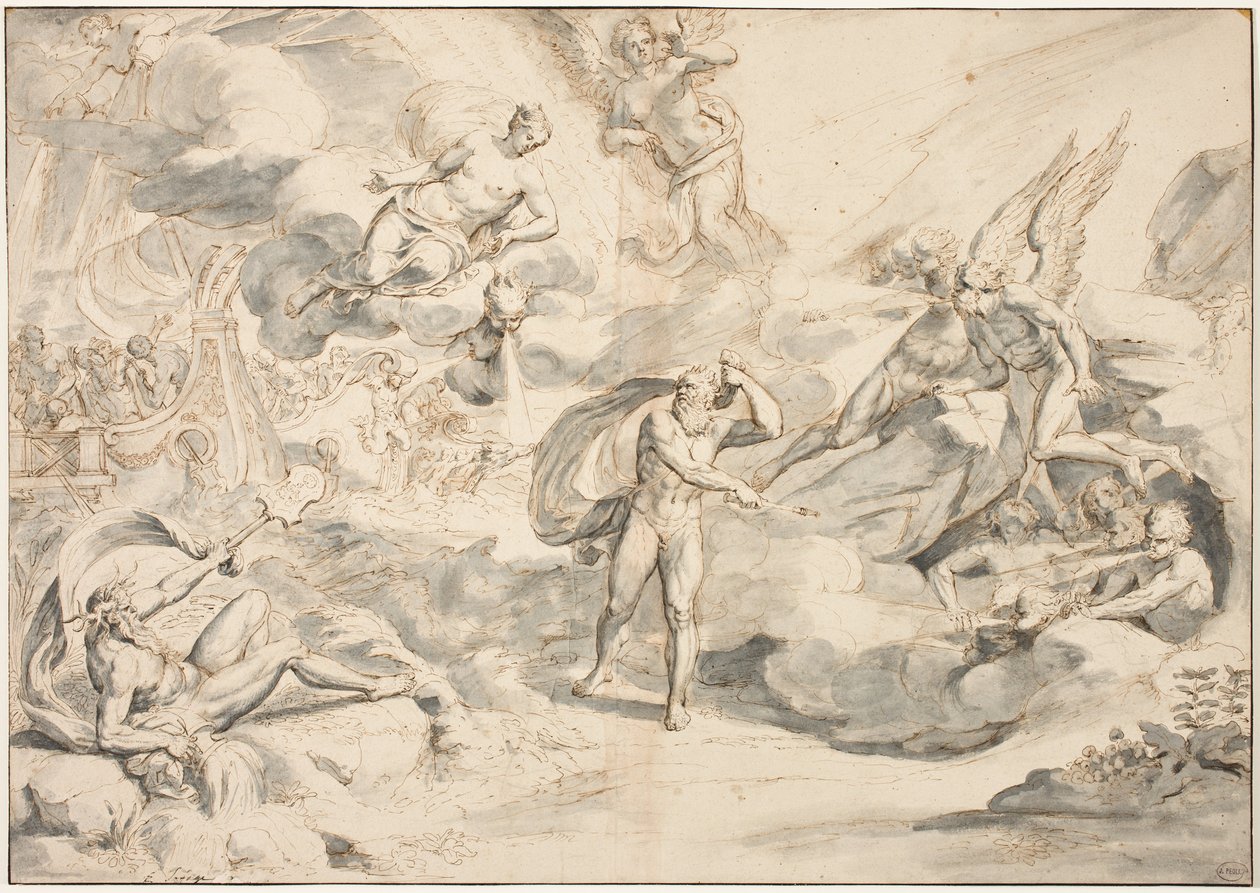Aeolus poslouchá příkaz Junos k vytvoření bouře, c.1683-84 (pero a inkoust s mytím na papíře) od Raymond Lafage