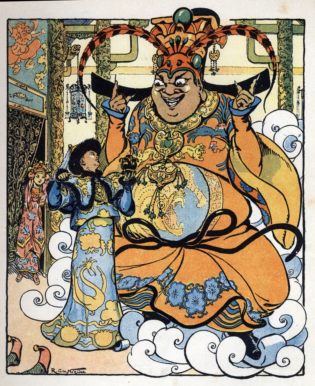 Aladin, princezna Badroulboudour a džin před tělem afrického kouzelníka: ilustrace k pohádce "Aladin aneb zázračná lampa" v "Arabských nocích". od Raymond de la Neziere