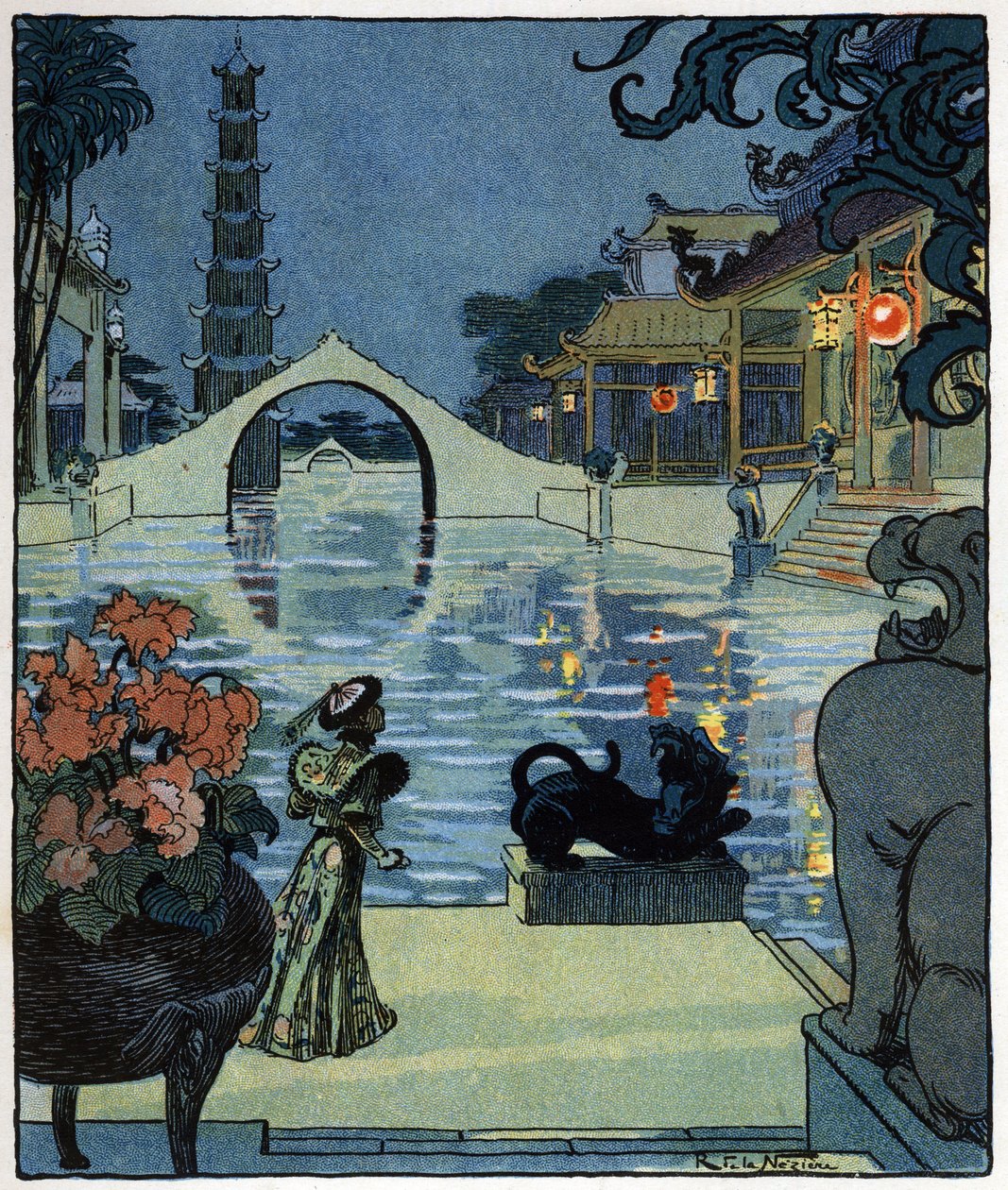Aladin před palácem afrického kouzelníka: ilustrace k pohádce "Aladin aneb zázračná lampa" v "Arabských nocích". od Raymond de la Neziere