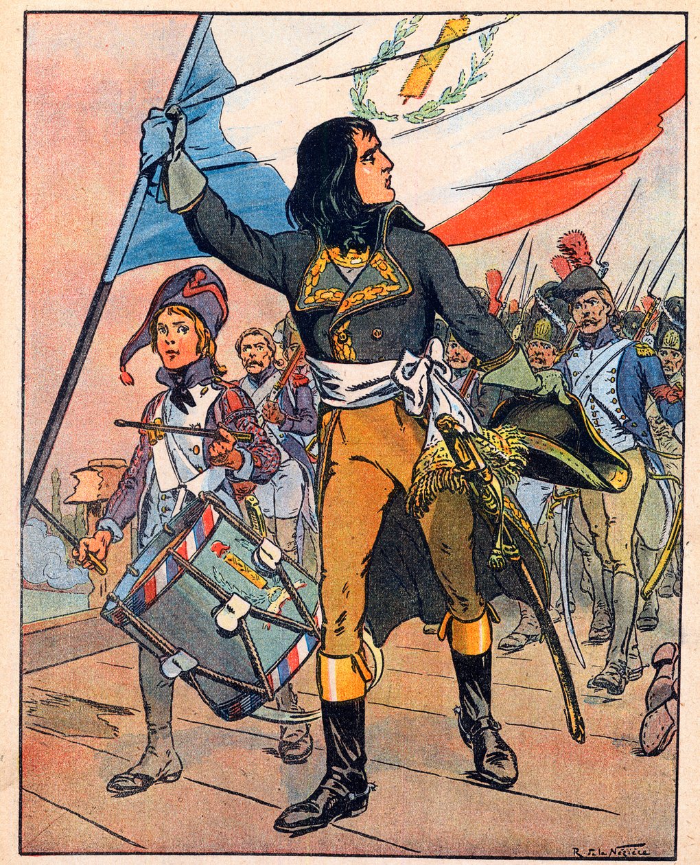 První italské tažení: Napoleon Bonaparte (1769-1821) v bitvě na mostě u Arcole, listopad 1796" převzato z "Nos-Gloires-Nationales" kolem roku 1920 (rytina) od Raymond de la Neziere