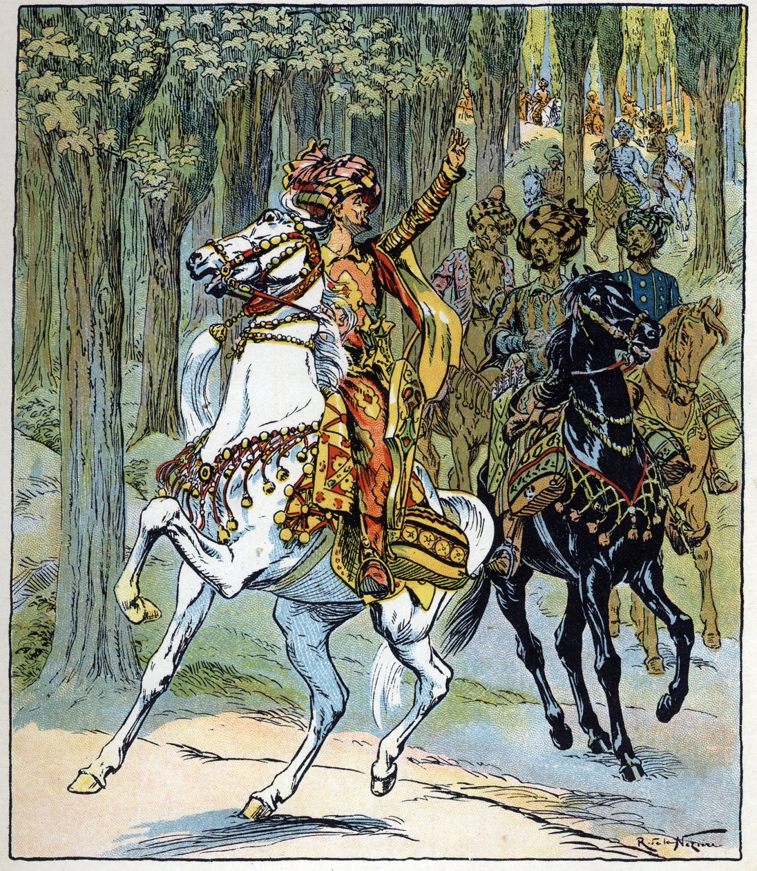 Zloději na koních: ilustrace k pohádce "Aladin aneb zázračná lampa" v "Arabských nocích". od Raymond de la Neziere