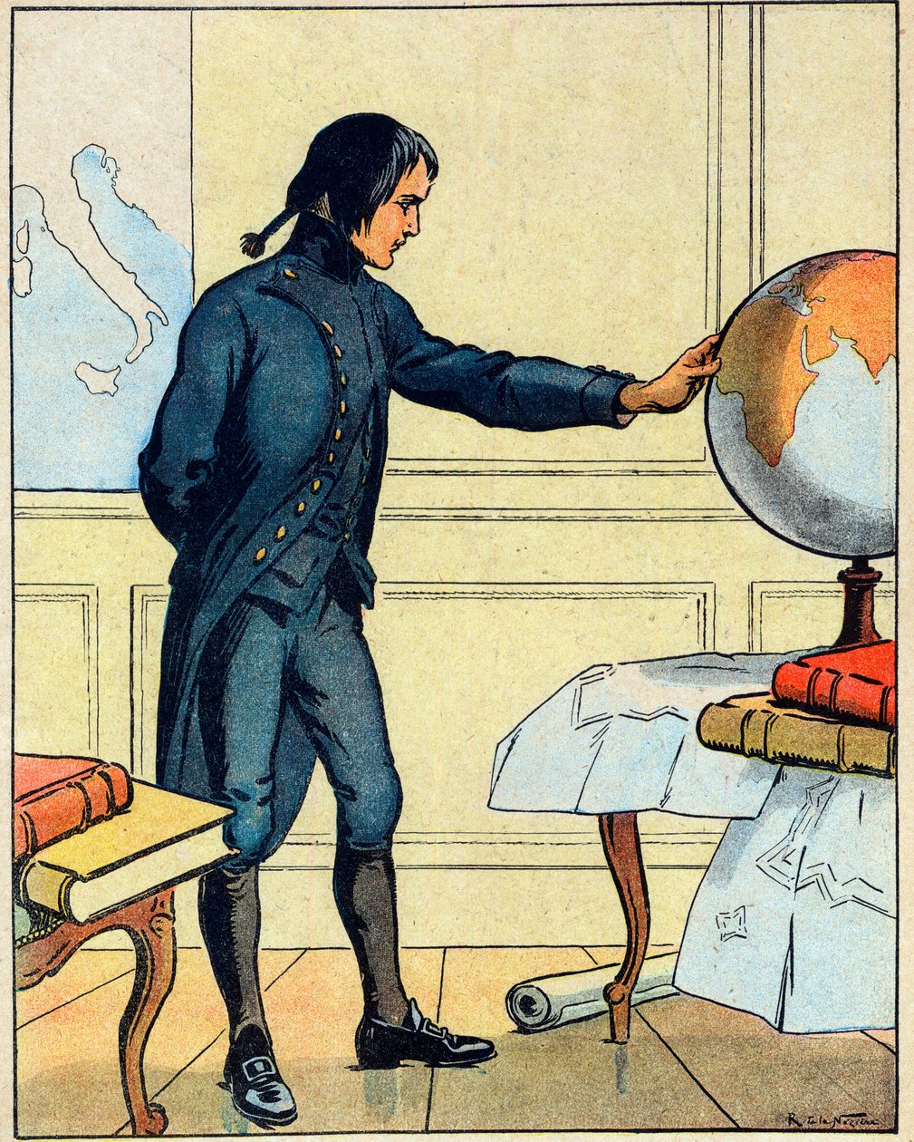 Napoleon Bonaparte (1769-1821), prohlíží si glóbus ve škole v Brienne ve věku 19 let, převzato z "Nos-Gloires Nationales" kolem roku 1920 (rytina) od Raymond de la Neziere