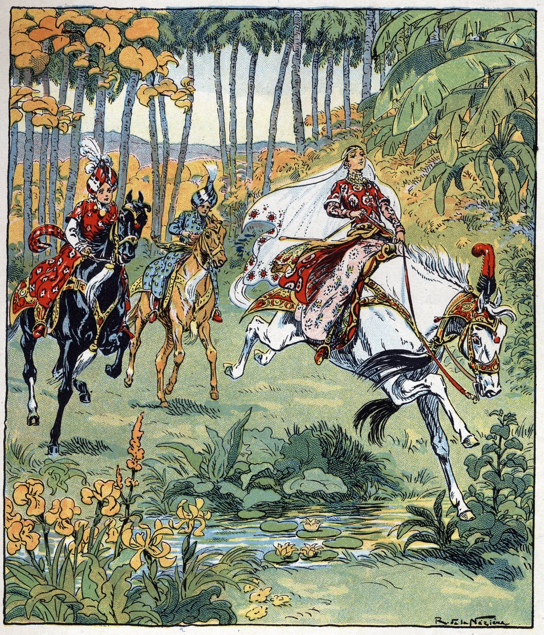 Parizade předstihne v dostihu své bratry Bahmana a Pervise. Ilustrace Raymonda de La Neziere (1865-1953) k příběhu "Histoire des deux sœurs jealous de leur cadette" v knize "Les mille et une nuits" (les 1001 nuits ou Le mille e una notte, A od Raymond de la Neziere