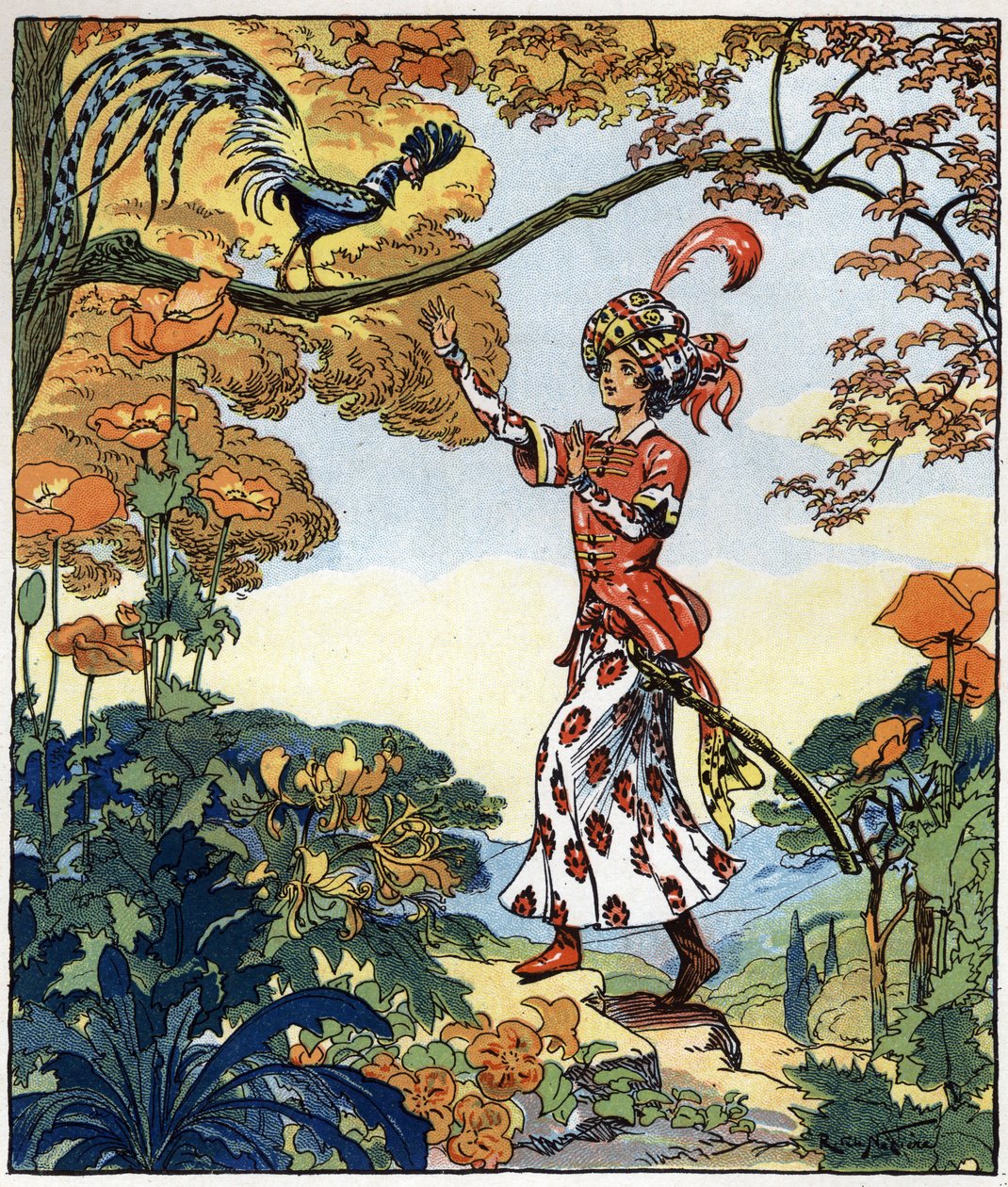 Parizade přiběhl k ptáku a položil na něj ruku: ilustrace k pohádce "Aladin aneb zázračná lampa" v "Arabských nocích". od Raymond de la Neziere