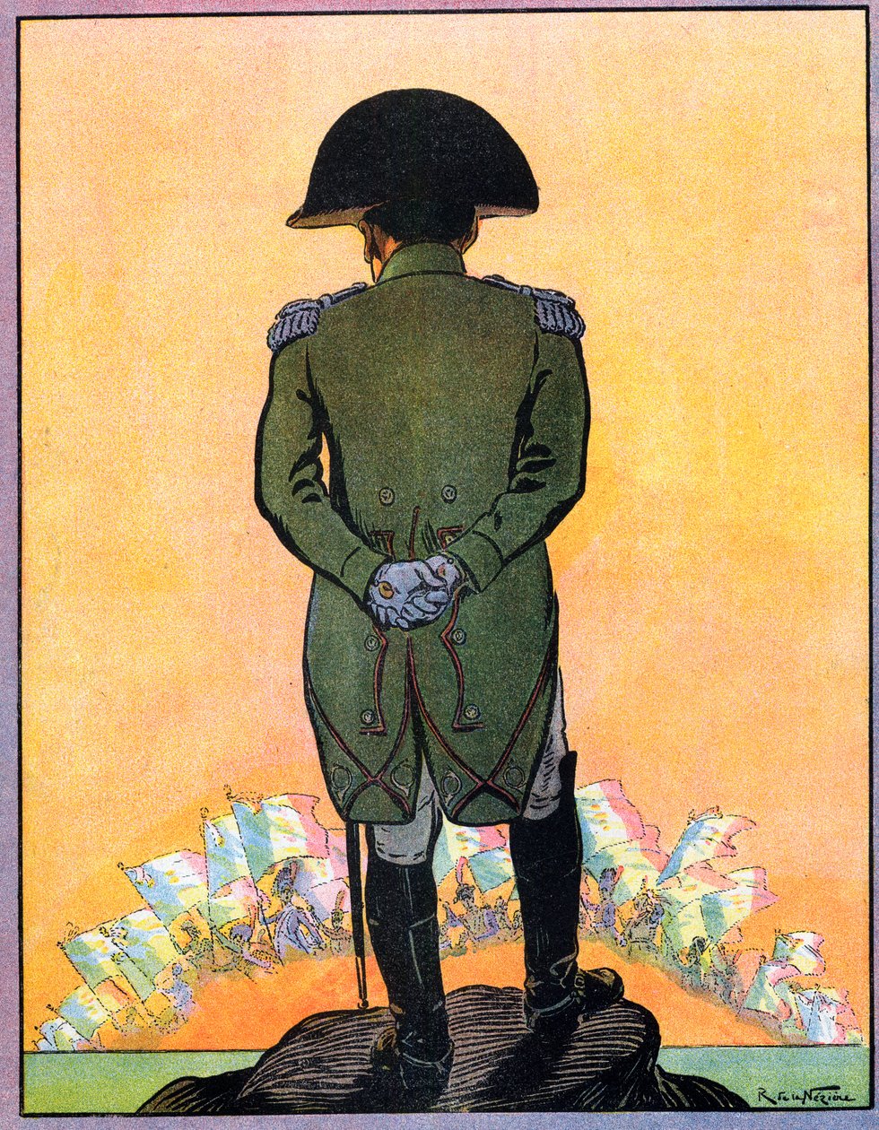 Portrét Napoleona I. (1769-1821) na ostrově Svatá Helena. Napoleon I. na ostrově Svatá Helena (Sainte-Helene) z knihy "Nos-Gloires-Nationales" kolem roku 1920 (rytina) od Raymond de la Neziere