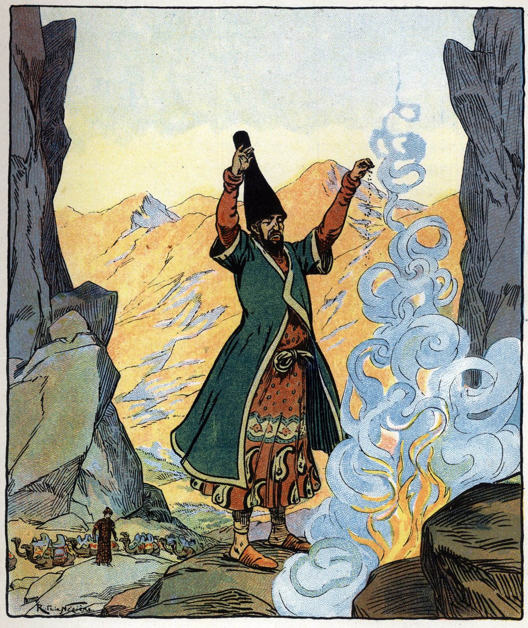 Dervišský mnich zapaluje oheň a kropí ho: ilustrace k pohádce "Aladin aneb zázračná lampa" v "Arabských nocích". od Raymond de la Neziere
