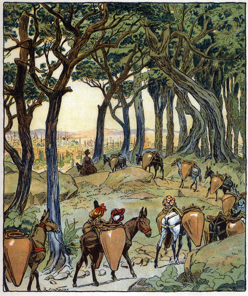 Celá karavana se vydala na cestu do města: ilustrace k pohádce "Aladin aneb zázračná lampa" v "Arabských nocích". od Raymond de la Neziere