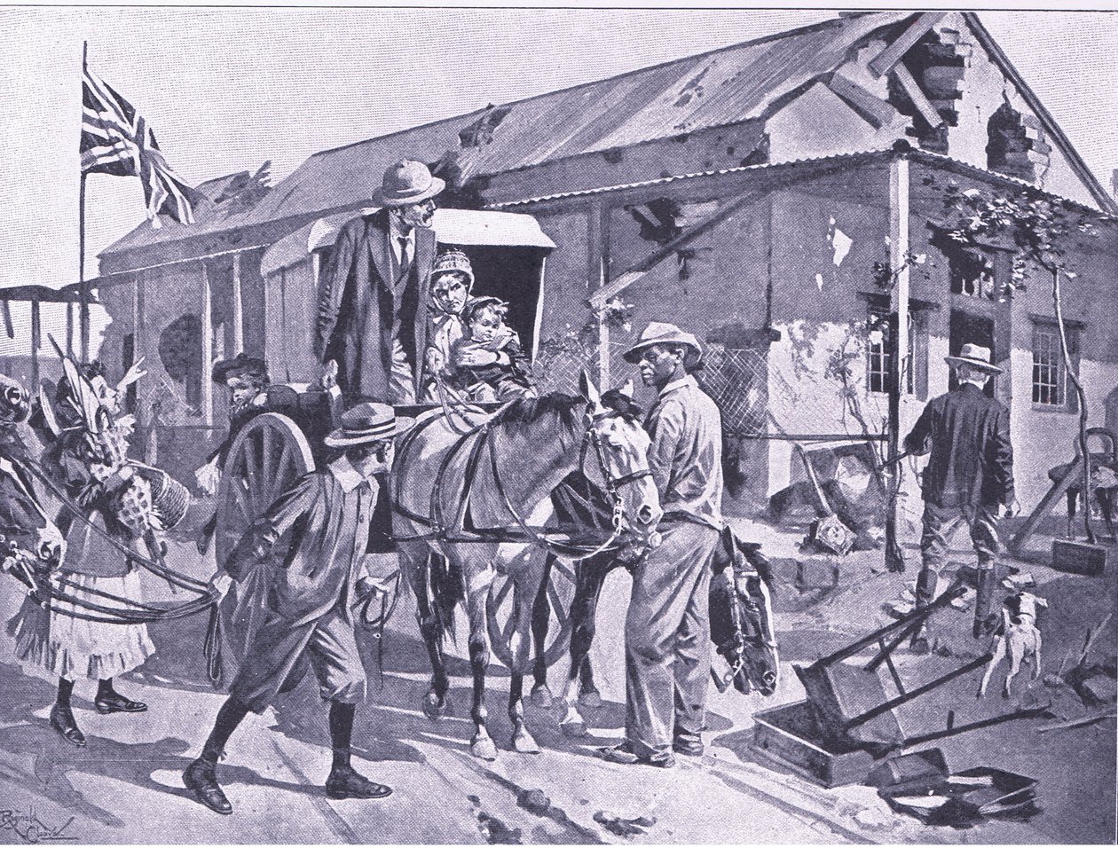 Co znamená evakuace pro loajální kolonisty, ilustrace z knihy "After Pretoria: The Guerilla War". od Reginald Thomas Cleaver