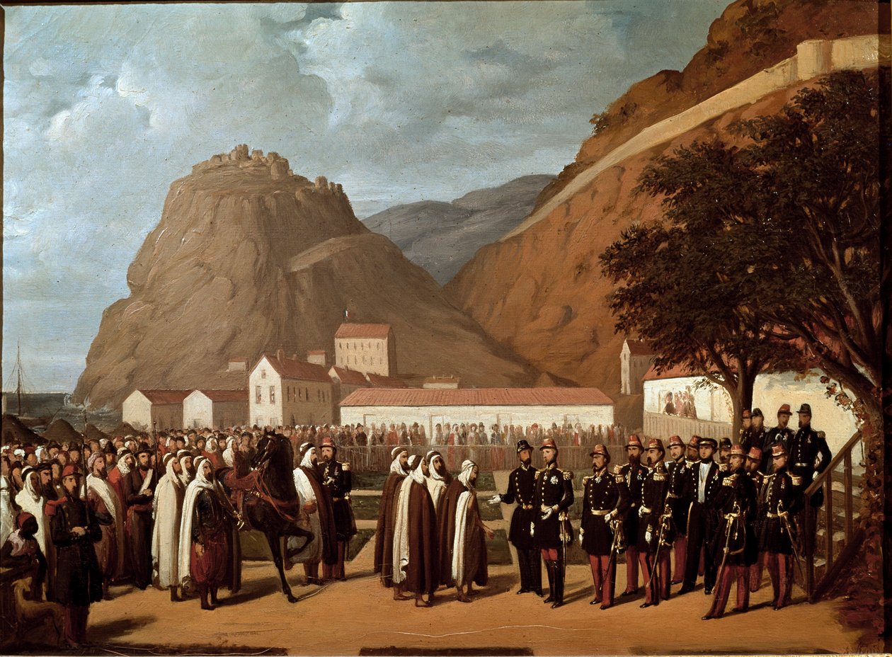 Conquete of Alžír (1830-1847): podrobení Abd el Kader (Abd-el-Kader nebo ibn Muhyi al-Din al-Hasani (al Din al-Hasani) (1808-1883) vévodovi z Aumale a Francouzům Armee dne 24. 12. 1847 - Obraz Regise Augustina (1813-1880) Muscle 19. století od Regis Augustin