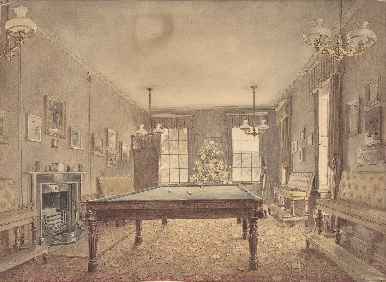 Interiér kulečníkové místnosti v Lupton House, Devonshire, navržený Georgem..., 1838. od Reid Turner