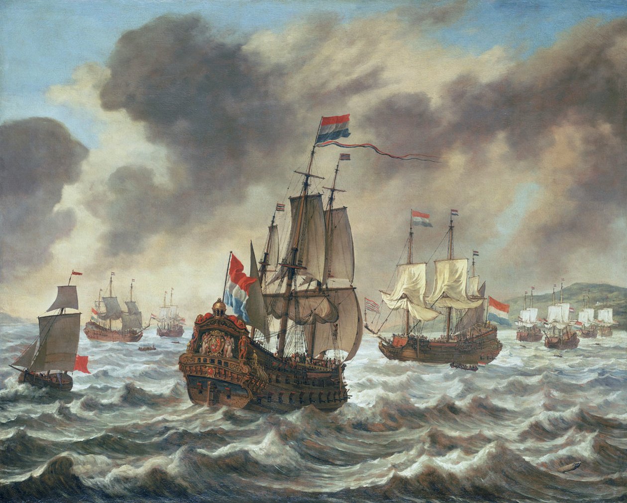 Před bitvou Downs, 21. října 1639, ukazuje Trompovu vlajkovou loď „Amelia“ od Reinier Nooms