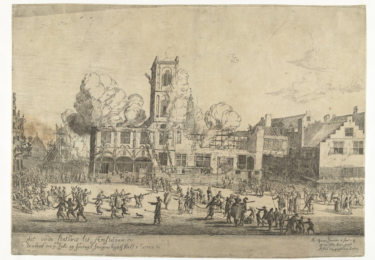 Požár staré radnice v Amsterdamu Stará radnice v Amsterdamu vyhořela 7. července v neděli ráno v půl třetí Ao 1652 (název na objektu) od Reinier Nooms
