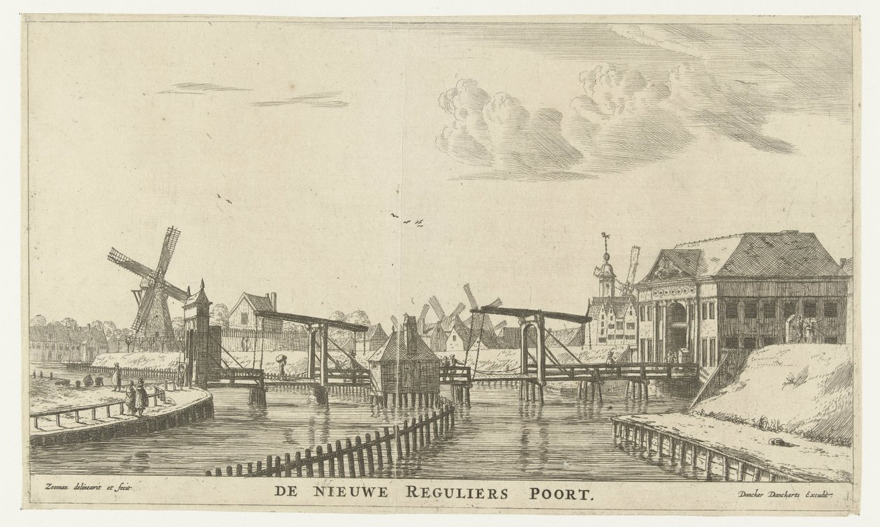 Pohled na třetí Regulierspoort v Amsterdamu Nová pravidelná brána (název na objektu) Městské brány Amsterdamu (název série) Nové a okouzlující snímky městských bran Amsterdamu vynesené na světlo R.N. Sailor (název série od Reinier Nooms