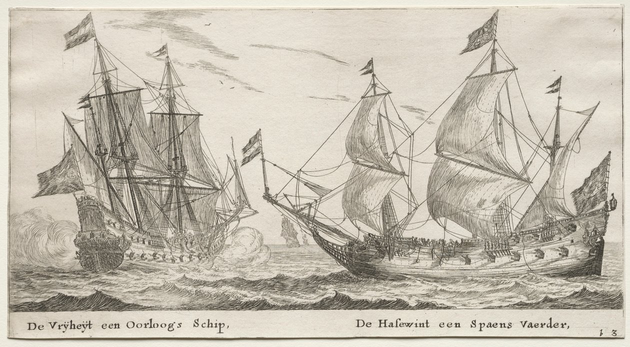 Lodě Amsterdam: The Freedom, a Man-of-War. Vlčí pes, španělské plavidlo. od Reinier Nooms
