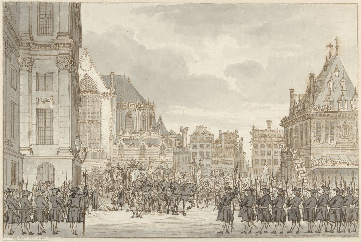 Příjezd prince Williama V. a Frederica Sophia Wilhelmina z Pruska na radnici na náměstí Dam v Amsterdamu, 30. května 1768 od Reinier Vinkeles (I)