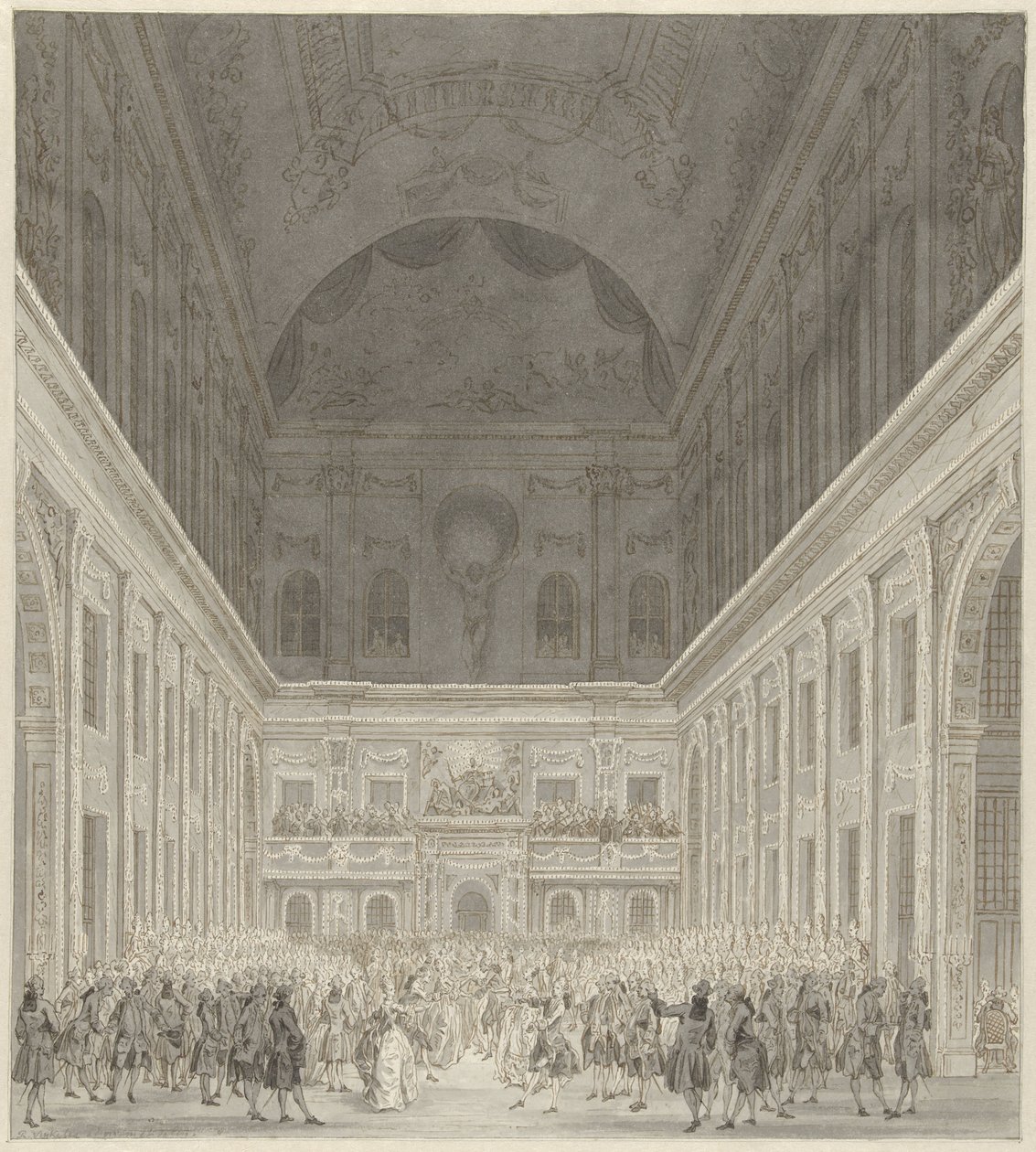 Ples v Občanské síni amsterdamské radnice na počest návštěvy prince Viléma V. a Wilhelminy Pruské, červen 1768 od Reinier Vinkeles (I)