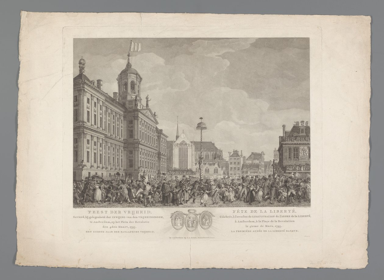 Svátek svobody na náměstí Dam v Amsterdamu, 4. března 1795 Svátek svobody, slavený u příležitosti inaugurace stromu svobody, v Amsterdamu, na náměstí Revoluce, 4. března 1795. První rok batávské svobody / Fête de la L od Reinier Vinkeles (I)