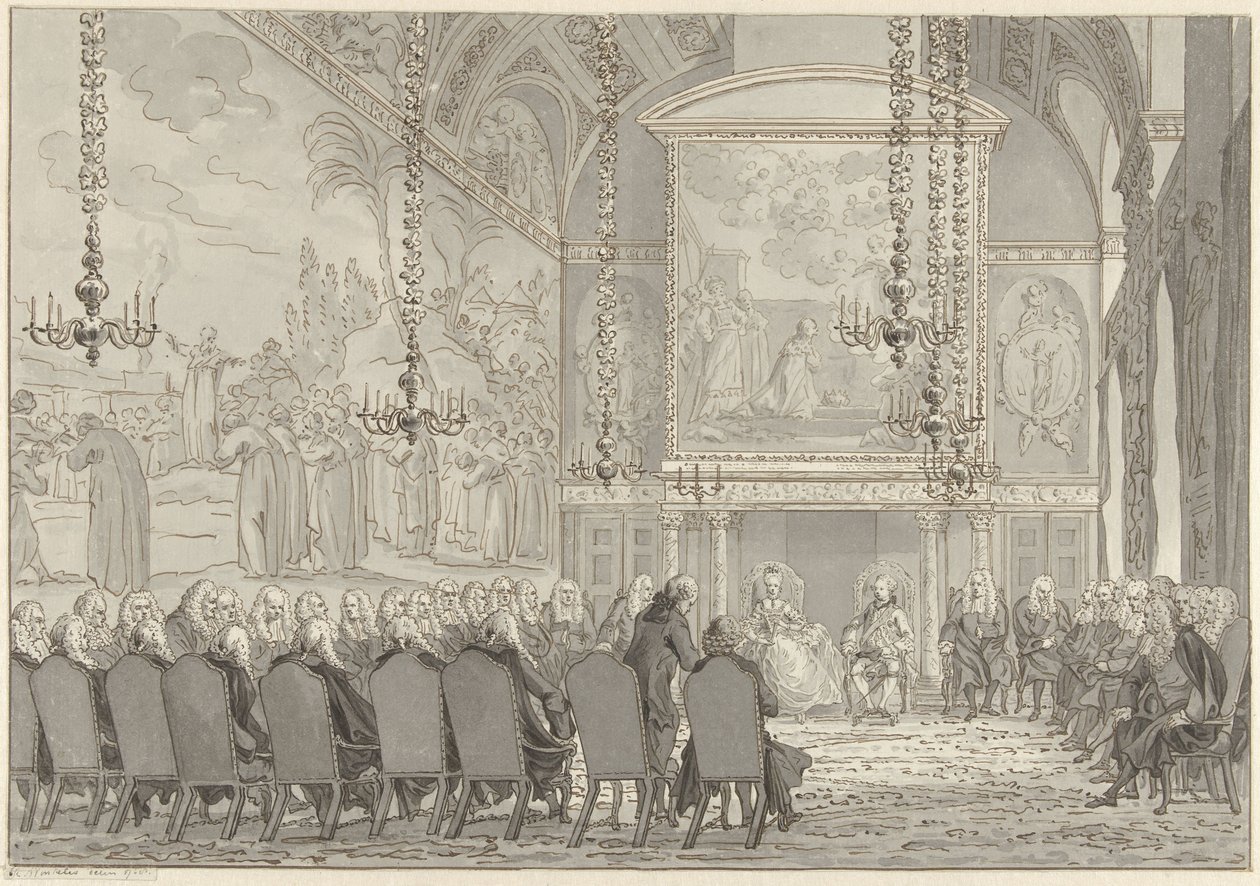 Přijetí prince Williama V. a Wilhelminy Pruské v zasedací síni radnice v Amsterdamu od Reinier Vinkeles (I)