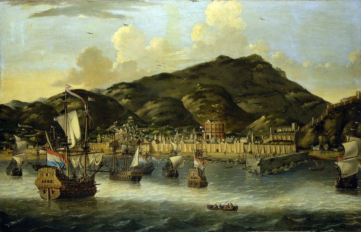 Nizozemské lodě u pobřeží Tripolisu (Libye) s opevněnými hradbami přístavu a města. Olejomalba od Reiniera Noomse (1623-1667). od Reinier Zeeman