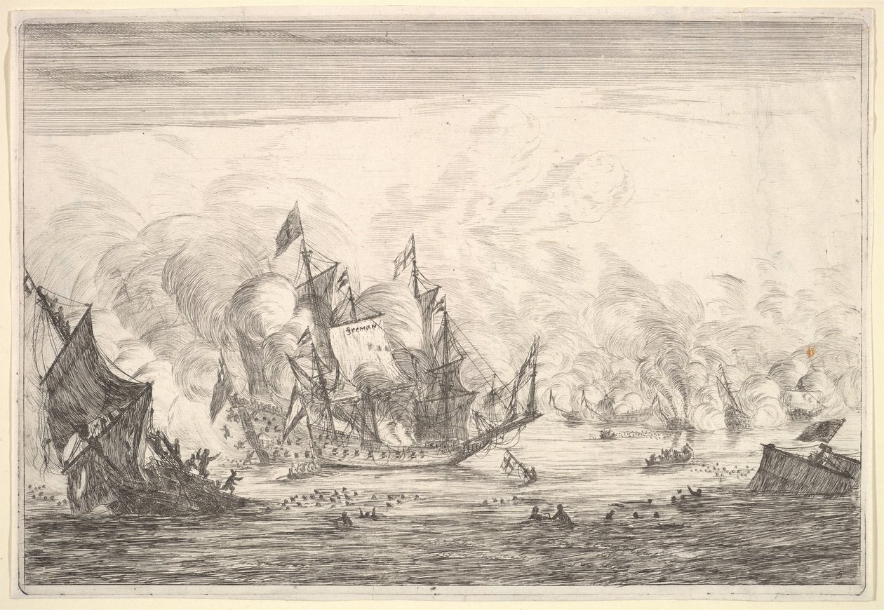 Námořní bitva s anglickou lodí zakládající se vlevo, z námořních bitev Nieuwe Sc..., 1652-54. od Reinier Zeeman