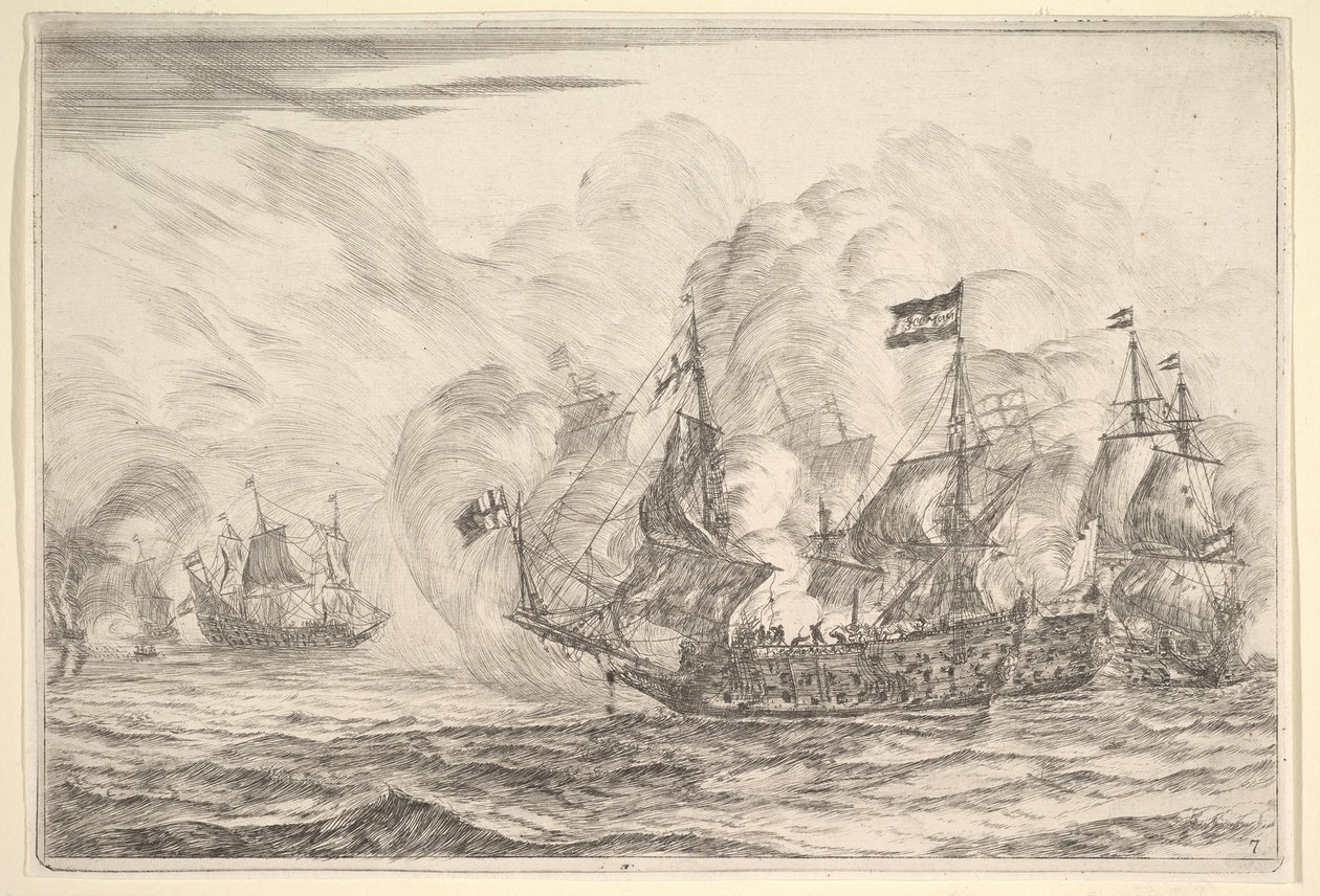 Námořní setkání se třemi plavidly napravo, z námořních bitev Nieuwe Scheeps Bat..., 1652-54. od Reinier Zeeman