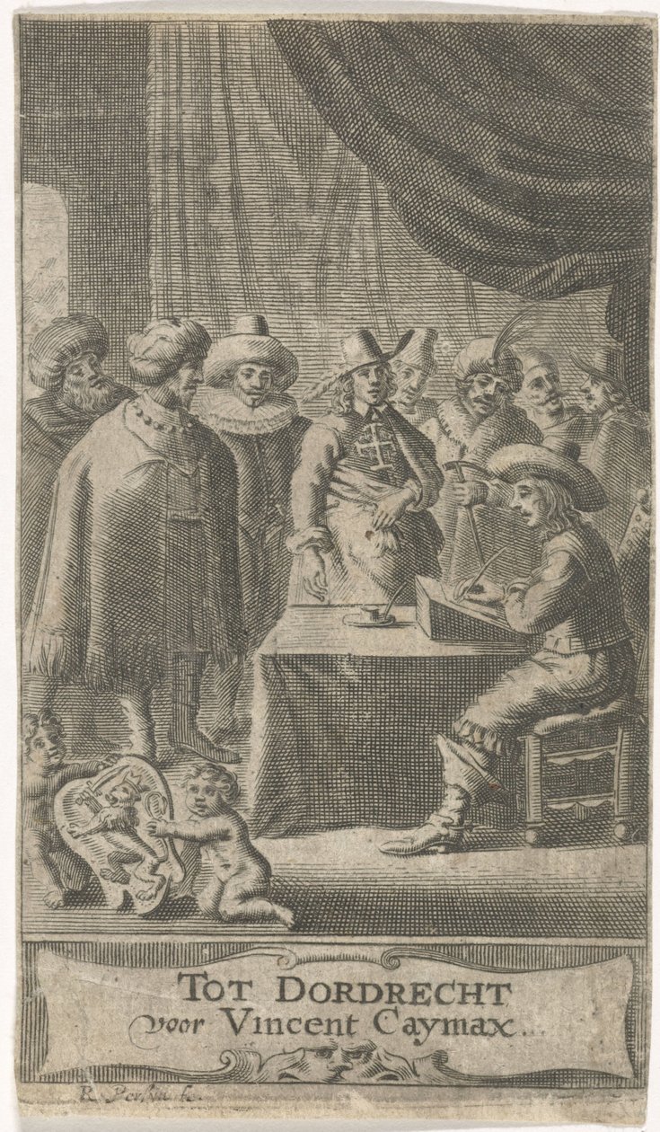 Obchodník u psacího stolu Titulní strana pro: J. van der Does e.a., Verscheyde voyagien, ofte reysen, 1652 od Reinier van Persijn