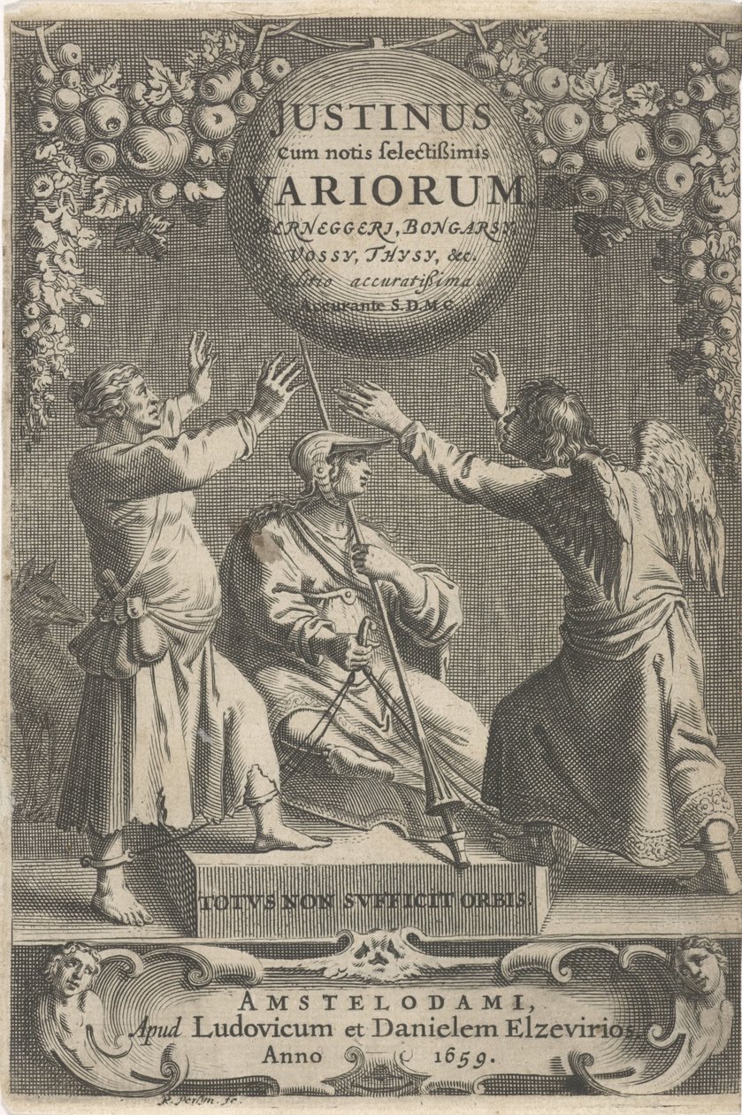 Minerva en twee geketende figuren Název: A. Thysius, Justinus cum notis selectissimis variorum Berneggerj, Bongarsy, Vossy, Thysy atd., 1659 od Reinier van Persijn