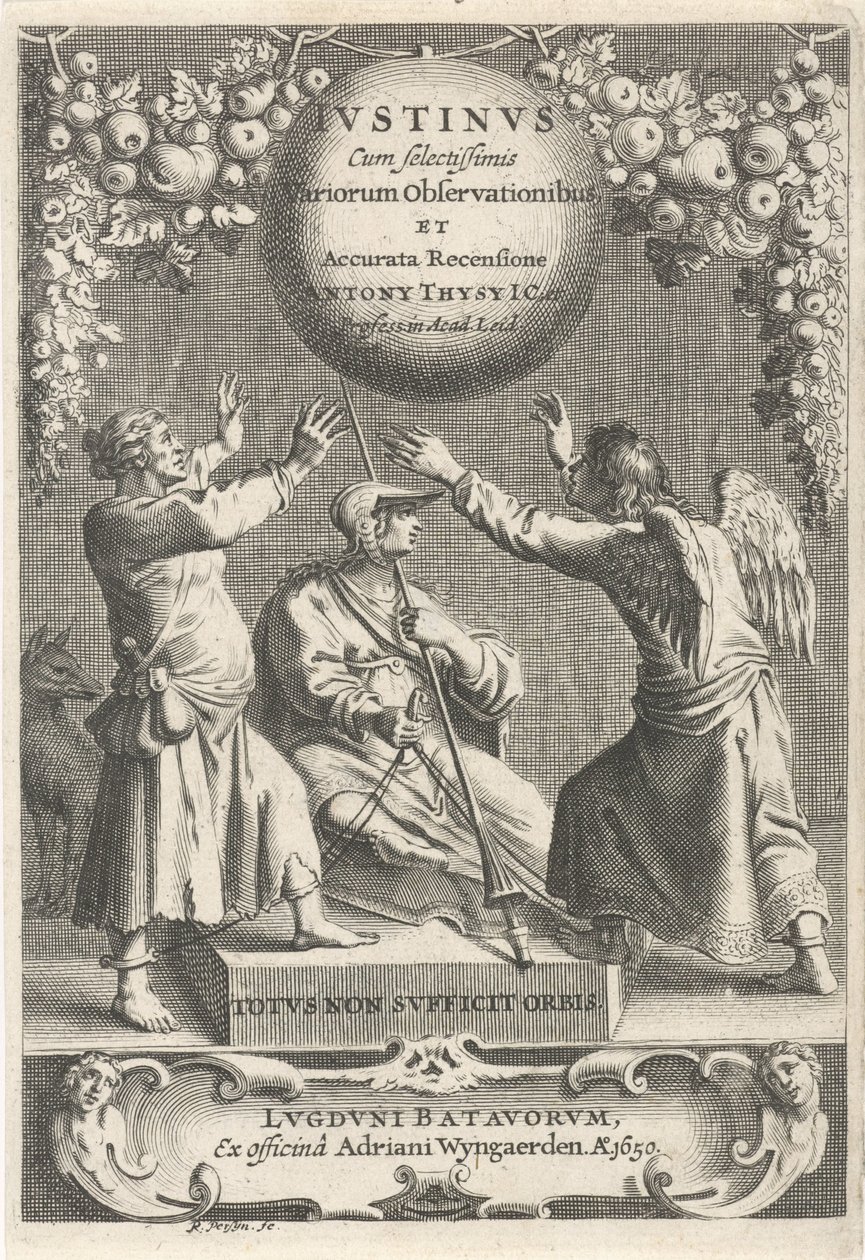 Minerva en twee geketende figuren Titelpagina voor: A. Thysius, Justinus s nejvybranějšími různými pozorováními a podrobným přehledem, 1650 od Reinier van Persijn