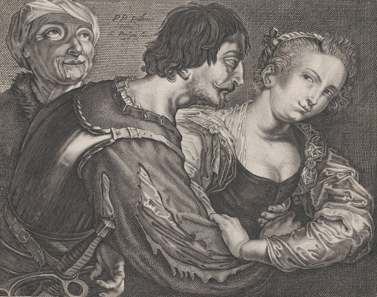 Prokurista: stará žena, voják a žena, ca. 1635-68. od Reinier van Persyn