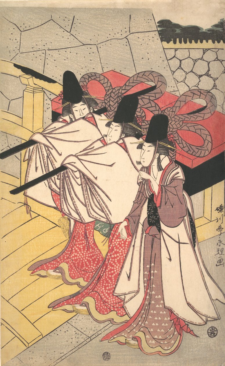 Princ Genji se vrací do svého paláce, kde na něj čeká jeho žena, ca. 1797, ca. 1797. od Chōkyōsai Eiri