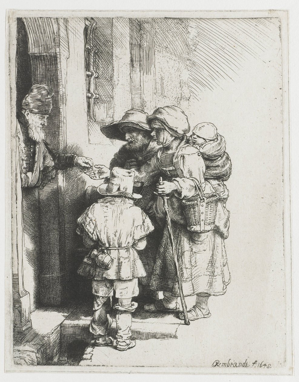 Slepý netečný hráč a rodina přijímající almužnu od Rembrandt van Rijn