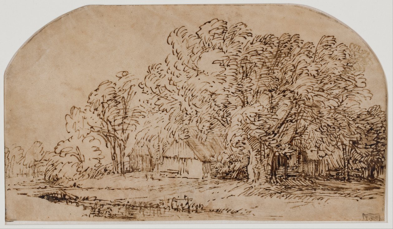 Krajina s chatami pod vysokými stromy od Rembrandt van Rijn