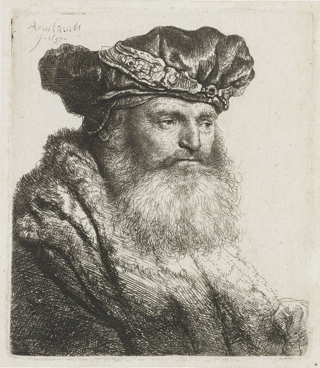 Vousatý muž v sametovém baretu se sponou zdobenou drahokamy, 1637 od Rembrandt van Rijn