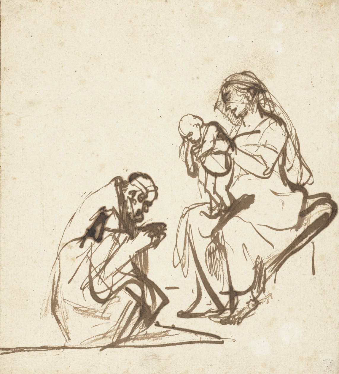 Jeden ze tří králů uctívající Pannu a dítě, kolem 1635-40 od Rembrandt van Rijn