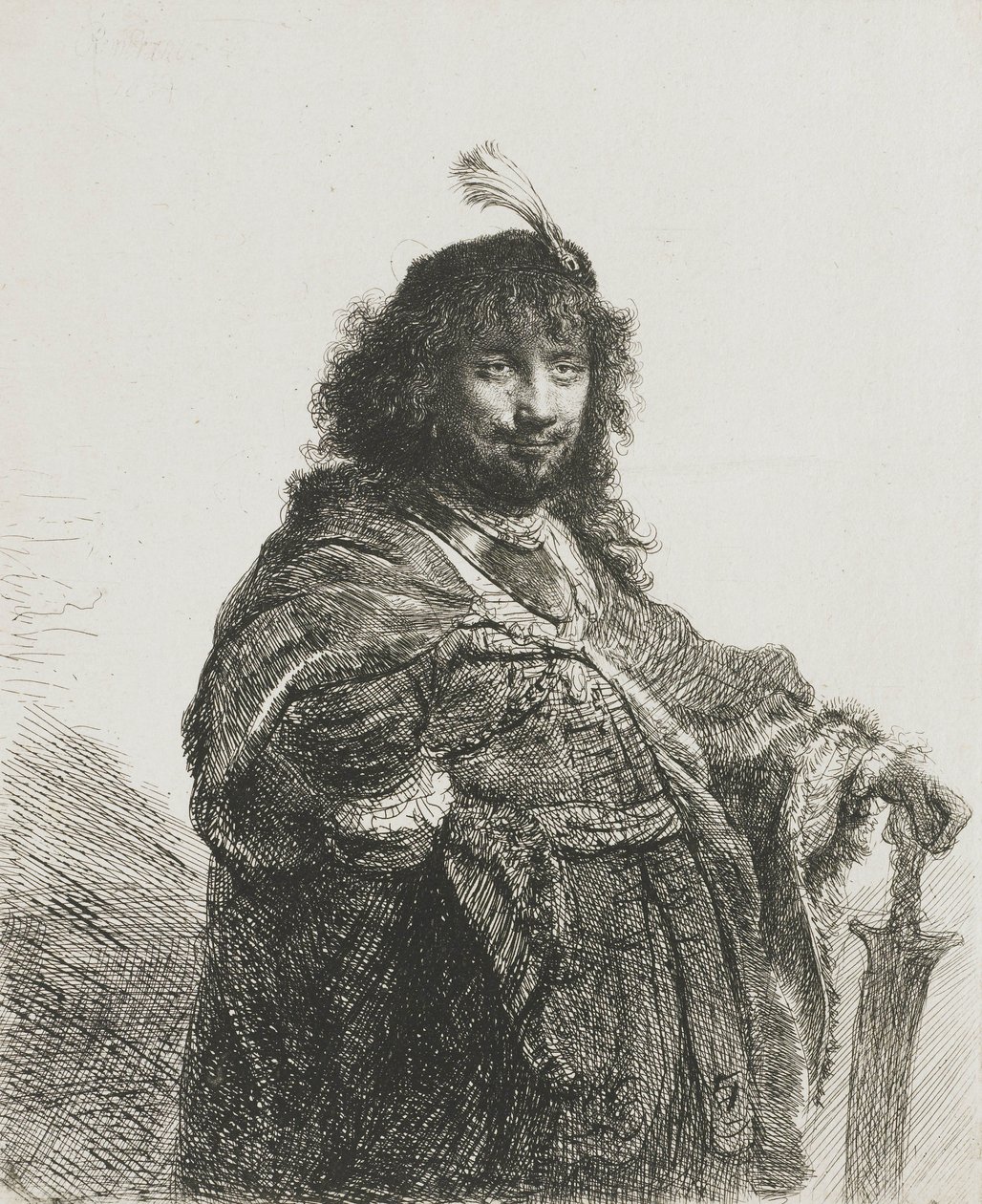 Autoportrét(?) s opeřeným baretem, opřenou rukou o meč, 1634 od Rembrandt van Rijn