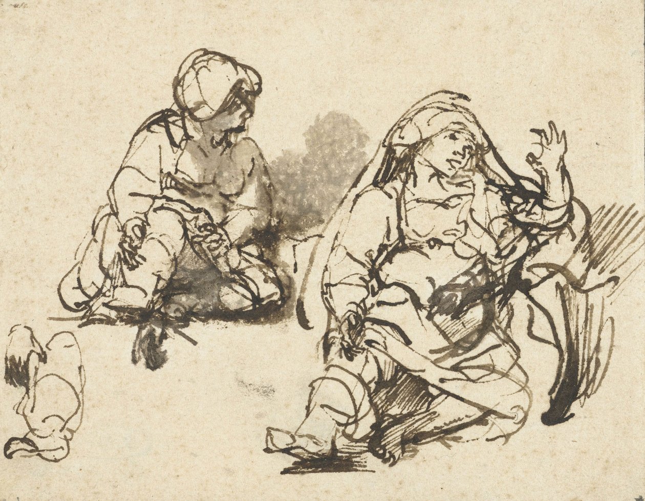 Studie pro nemocnou ženu ve „Sto guldenovém tisku“, kolem 1647-48 od Rembrandt van Rijn