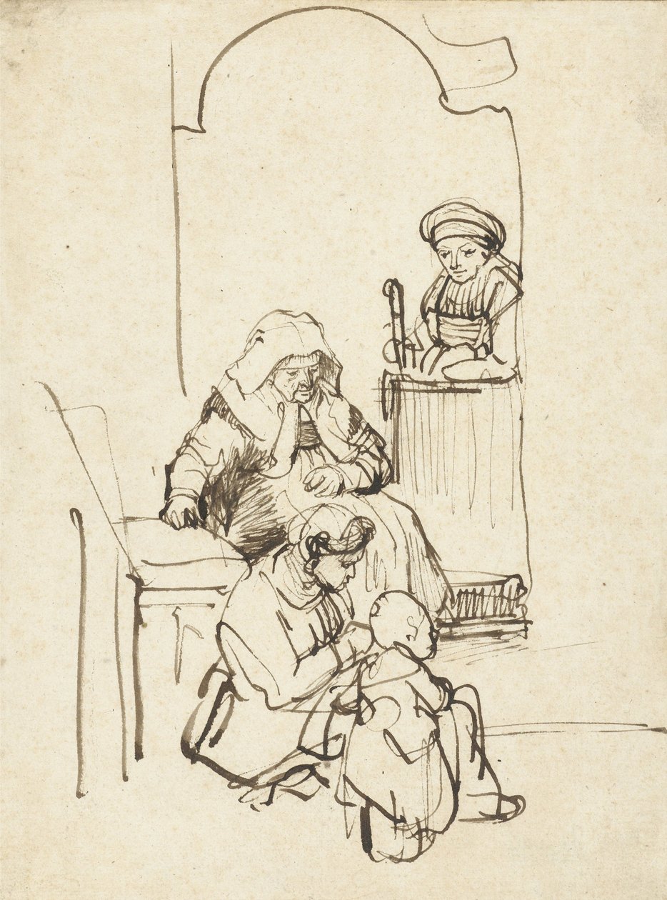 Tři ženy a dítě u dveří, c.1645 od Rembrandt van Rijn