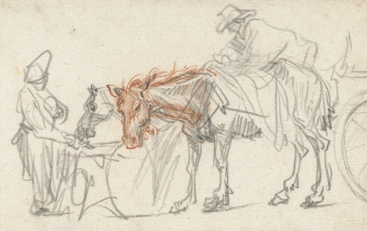 Dva koně na zastávce, kolem roku 1637 od Rembrandt van Rijn