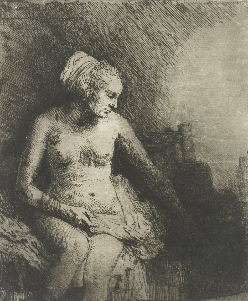 Žena v lázni, s kloboukem vedle ní, 1658 od Rembrandt van Rijn