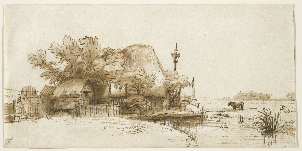 Farma na Amsteldijku, kolem 1650-52 (pero, inkoust a mytí na papíře) od Rembrandt van Rijn