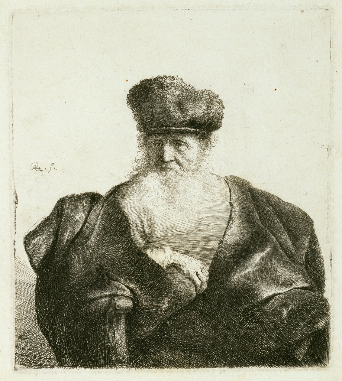 Stařec s plnovousem, kožešinovou čepicí a sametovým pláštěm, kolem roku 1632 od Rembrandt van Rijn