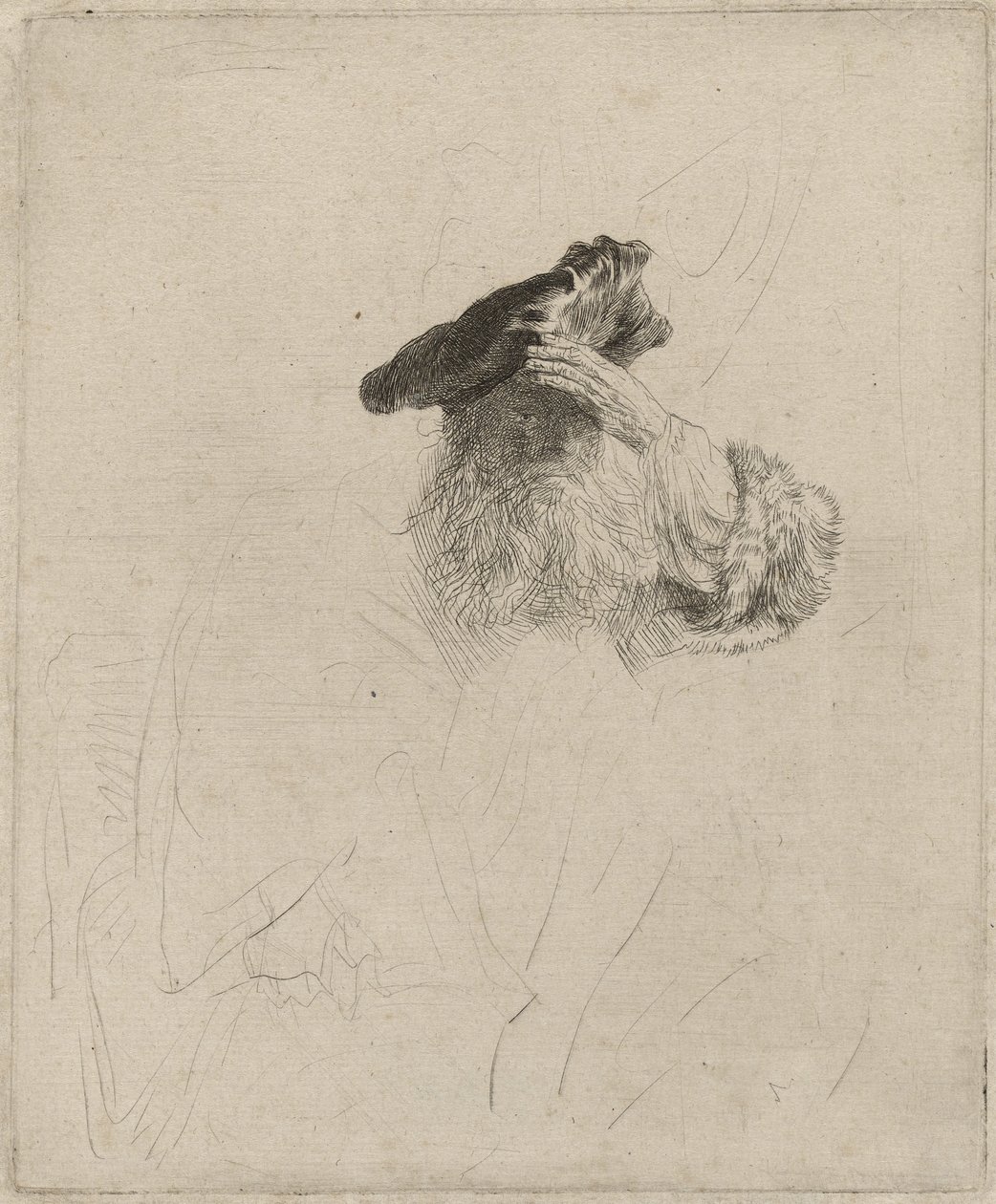 Starý muž stínící si oči rukou, kolem roku 1639 od Rembrandt van Rijn