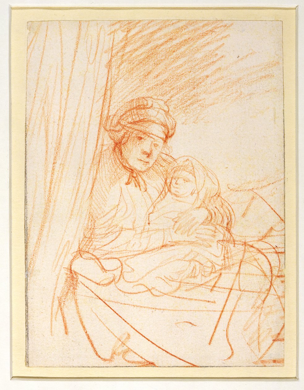 Saskia se svým prvním dítětem Rumbartus, 1635-36 (červená křída) od Rembrandt van Rijn