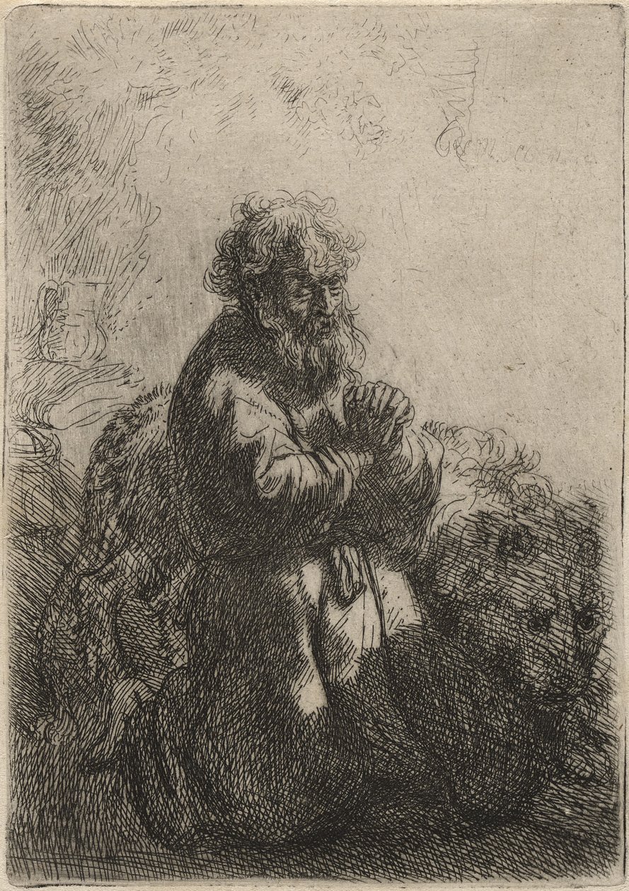 Svatý Jerome klečící v modlitbě, dívá se dolů, 1635 (lept na papíře) od Rembrandt van Rijn
