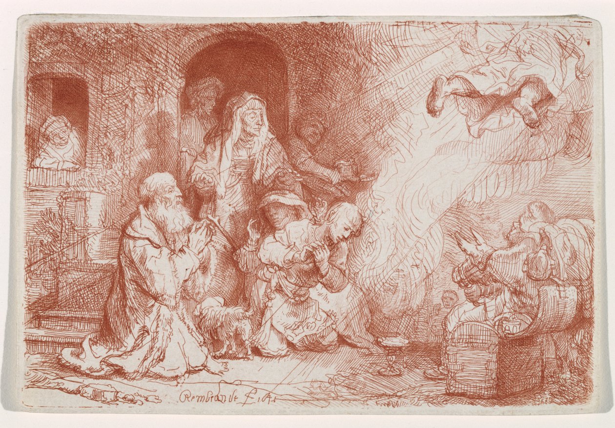 Anděl odcházející z rodu Tobiášových, 1641 (lept suchou jehlou, tištěno sangvinikem) od Rembrandt van Rijn