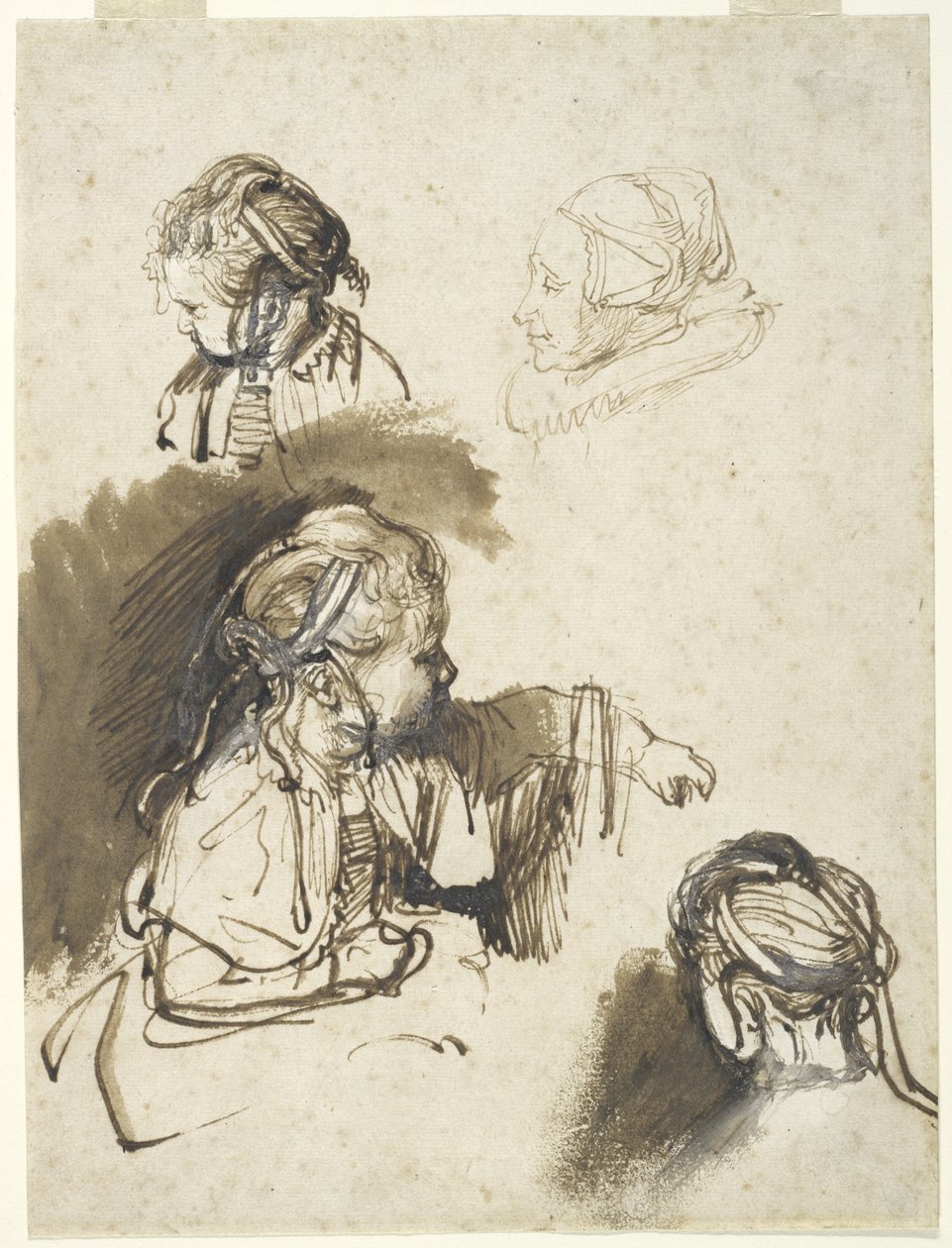 Tři studie dítěte a jedna staré ženy (pero a inkoust s wc na papíře) od Rembrandt van Rijn