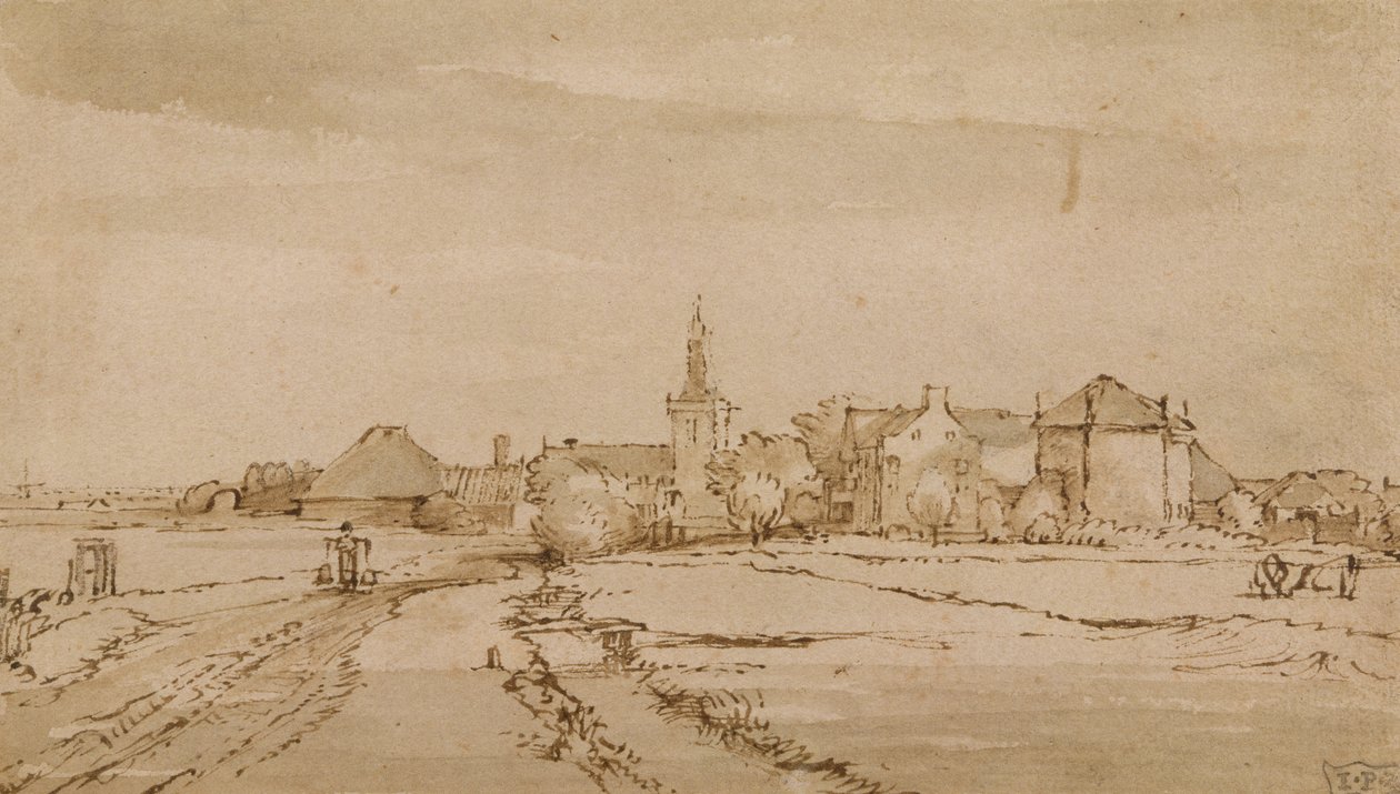 Pohled na Diemen, cca 1650-52 (pero, hnědý inkoust, mytí na papíře) od Rembrandt van Rijn
