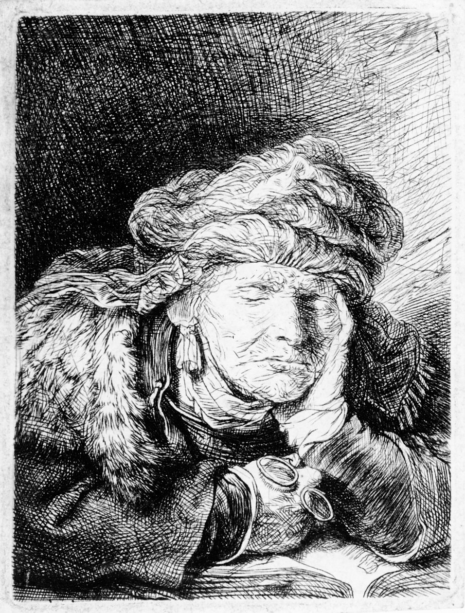 Spící stařena, lept Francesco Novelli, asi 1790 od Rembrandt van Rijn